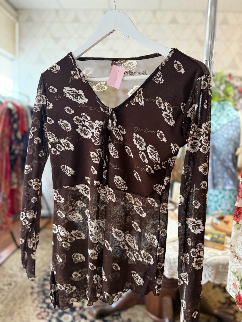 Sheer Brown Floral Tie-Front Blouse